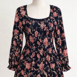 BILA 77 Women’s Floral Smocked Tiered Boho Dress Long Sleeve Black Pink Size M